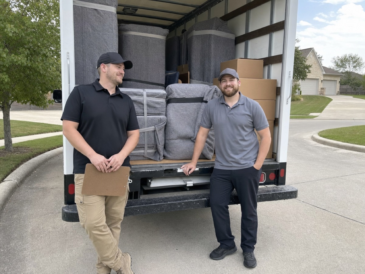 Haul-It Movers crew beside a packed box truck on a New Lenox street