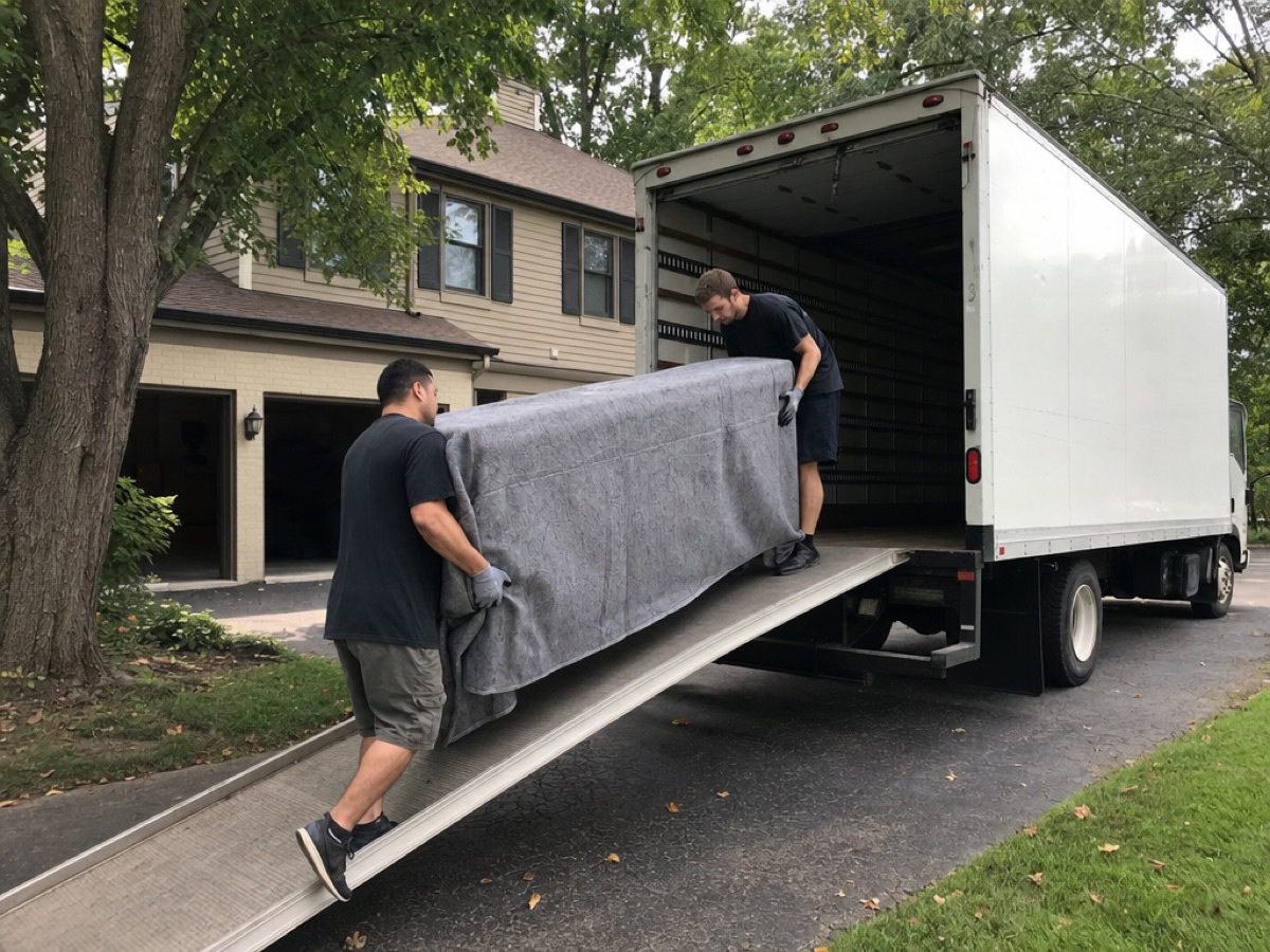 Haul-It Movers crew loading a wrapped couch into a box truck in a New Lenox driveway